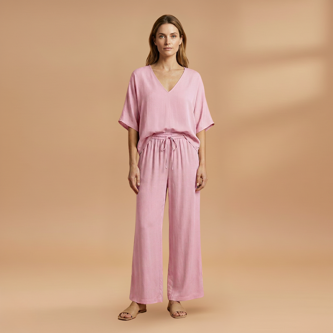 Two-Piece Set with V-Neck and Wide-Leg Pants for Women
