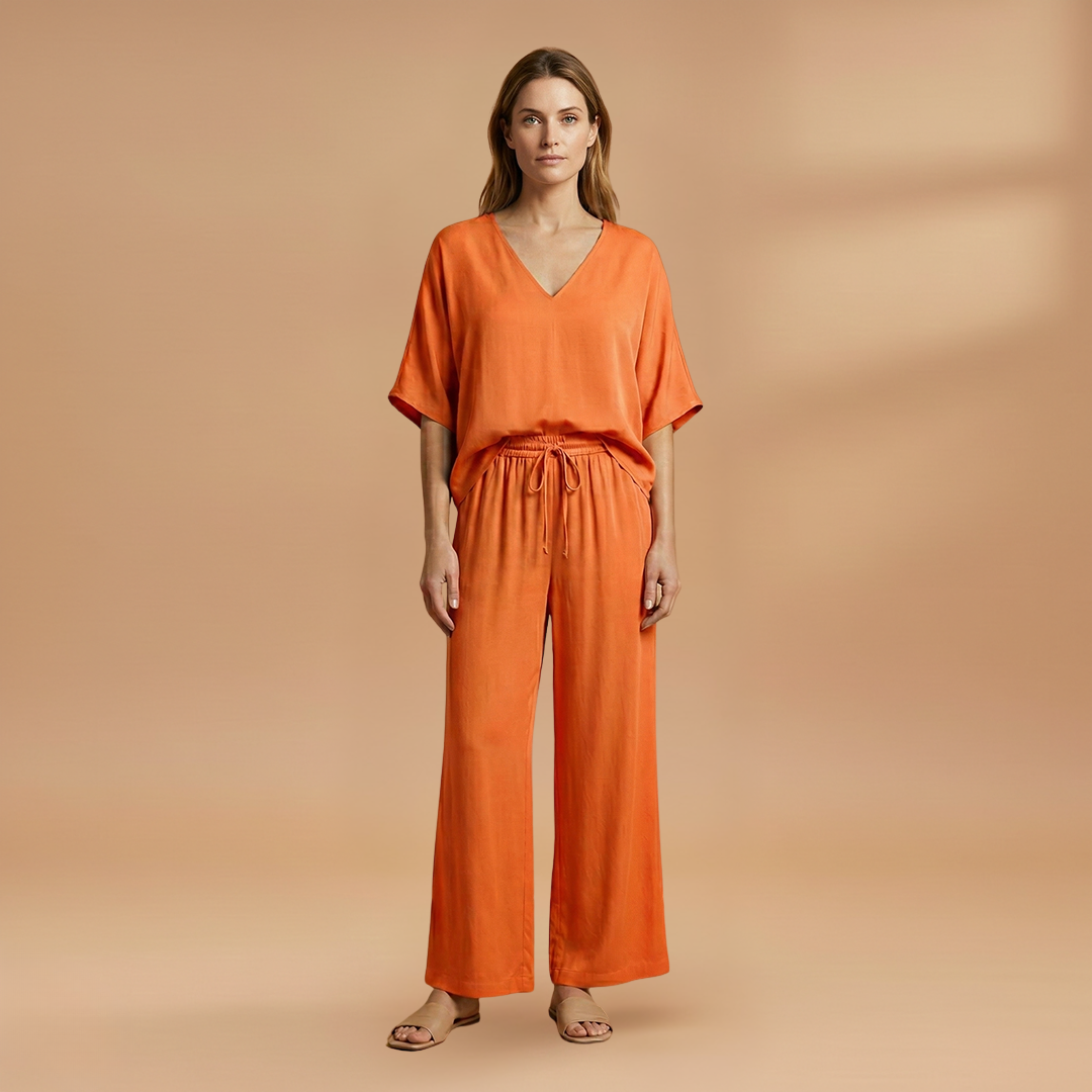 Two-Piece Set with V-Neck and Wide-Leg Pants for Women
