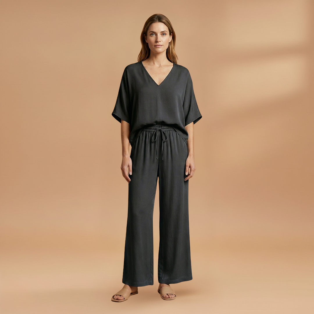 Two-Piece Set with V-Neck and Wide-Leg Pants for Women