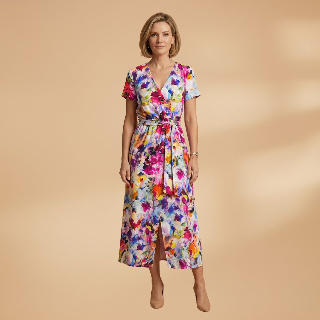 V-Neck Dress with Floral Print and Sleeveless Design for Women