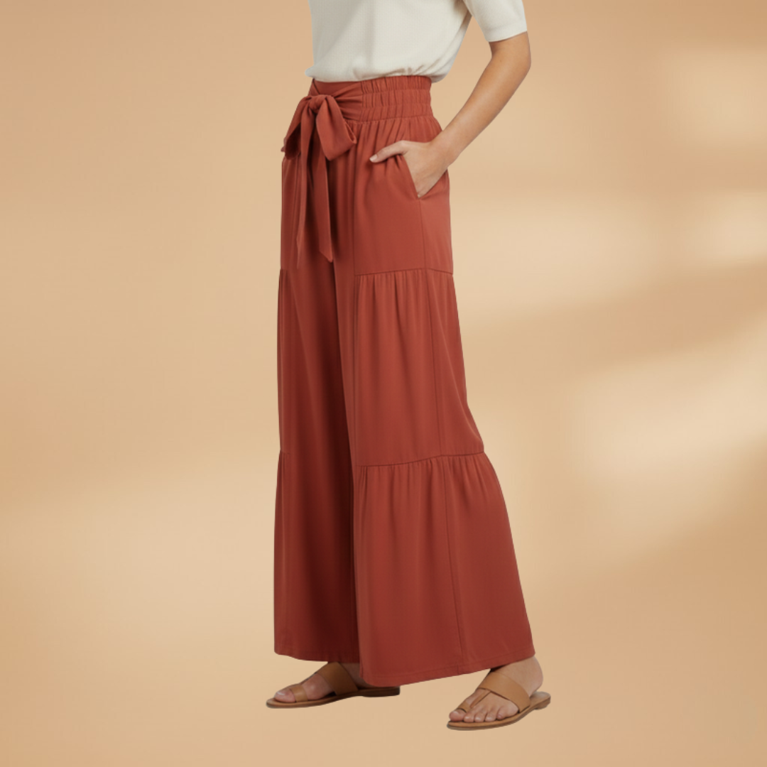 Wide-Leg Pants with Tie Belt and Ruffled Details for Women