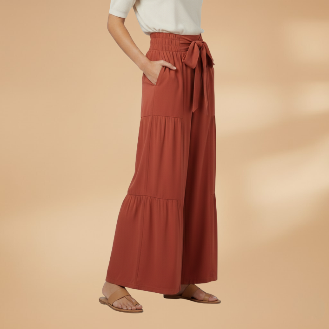 Wide-Leg Pants with Tie Belt and Ruffled Details for Women