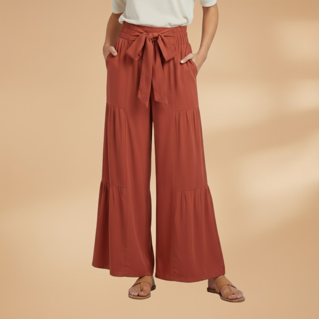 Wide-Leg Pants with Tie Belt and Ruffled Details for Women