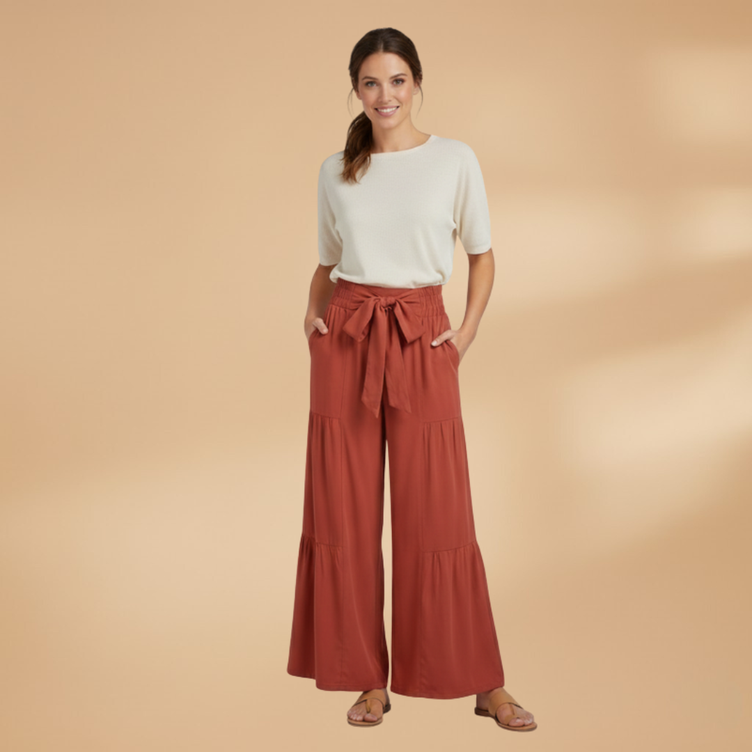 Wide-Leg Pants with Tie Belt and Ruffled Details for Women