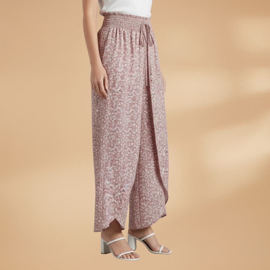 Wide Trousers with Elastic Waistband and Pattern for Women