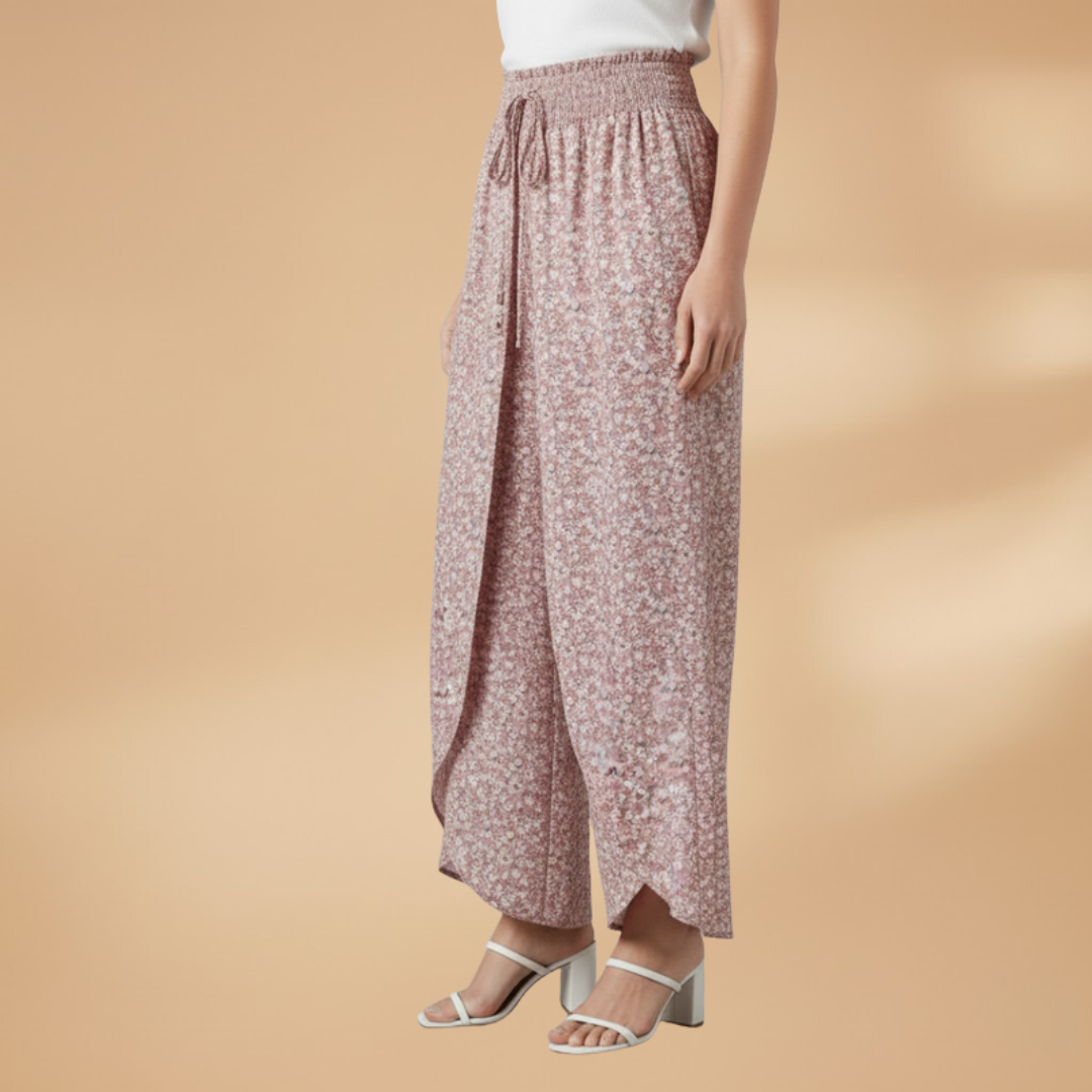 Wide Trousers with Elastic Waistband and Pattern for Women