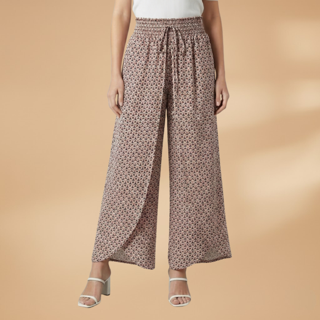 Wide Trousers with Elastic Waistband and Pattern for Women