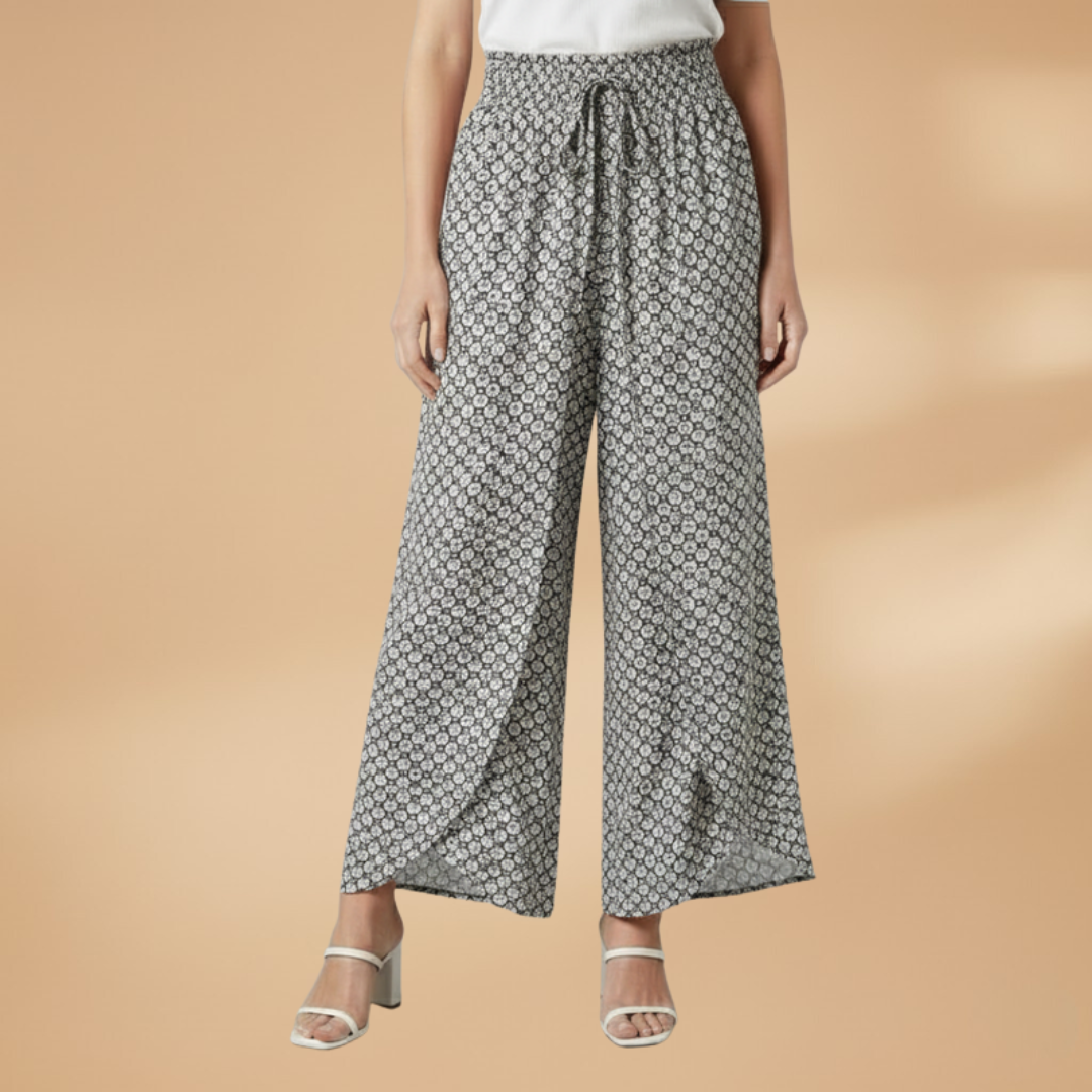 Wide Trousers with Elastic Waistband and Pattern for Women