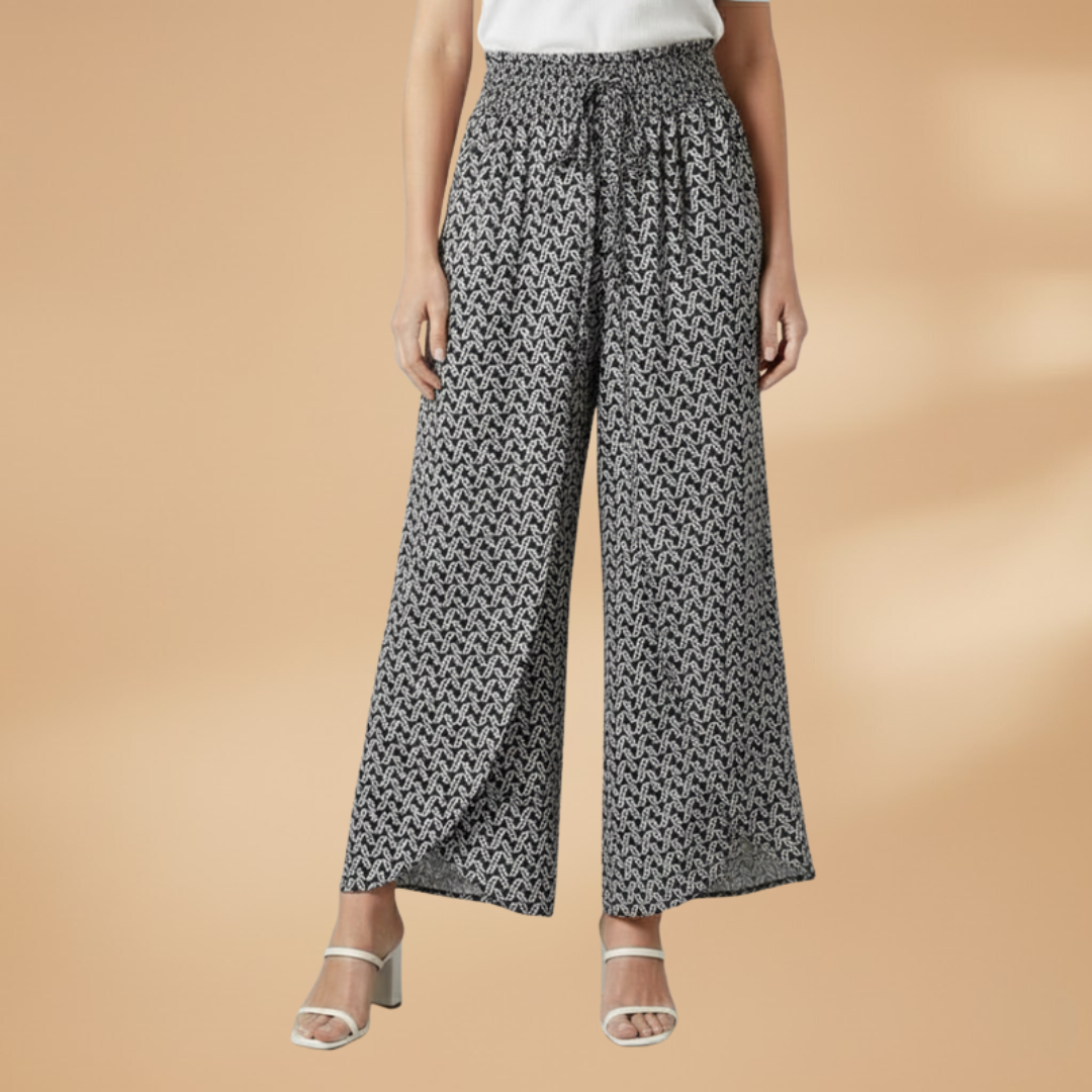 Wide Trousers with Elastic Waistband and Pattern for Women