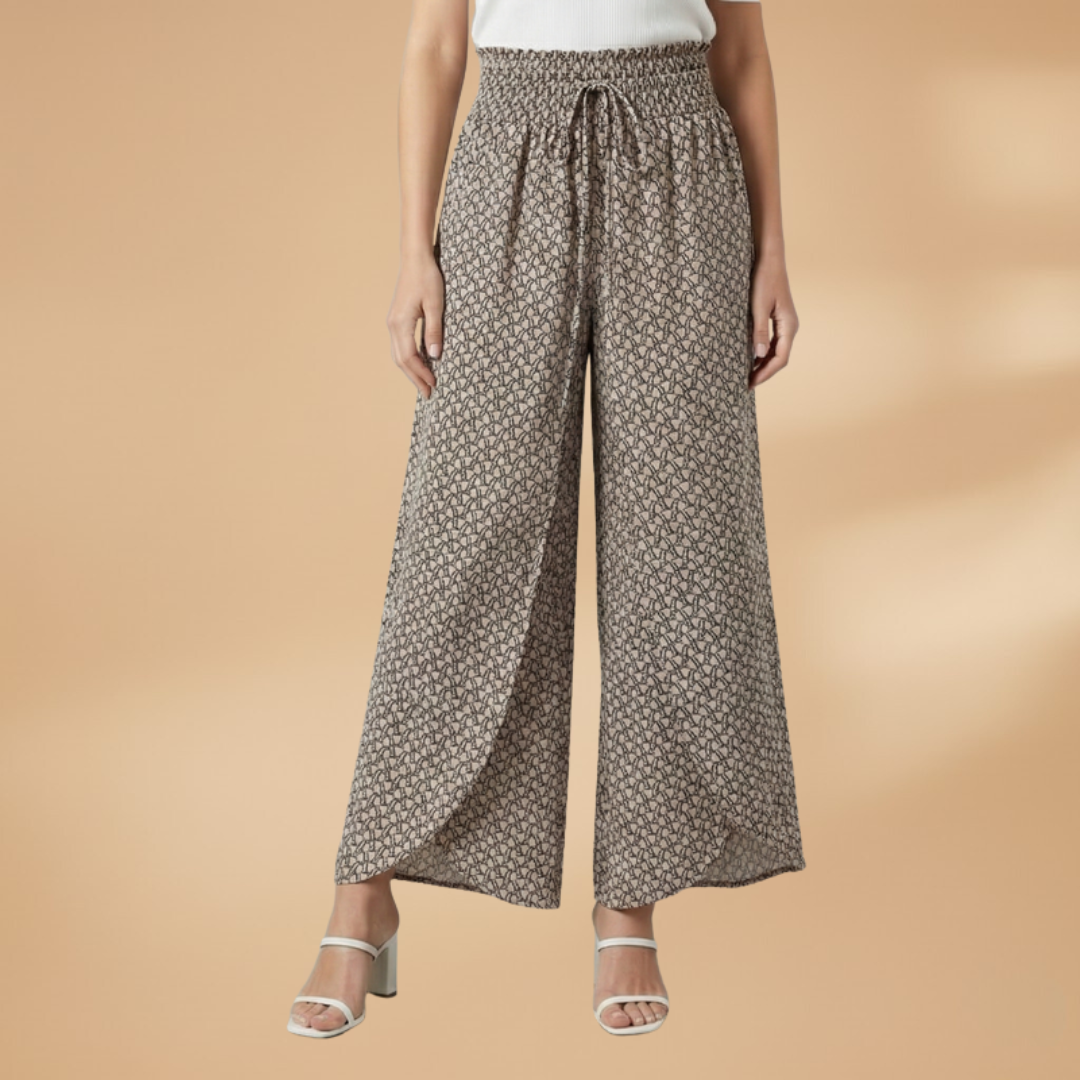 Wide Trousers with Elastic Waistband and Pattern for Women