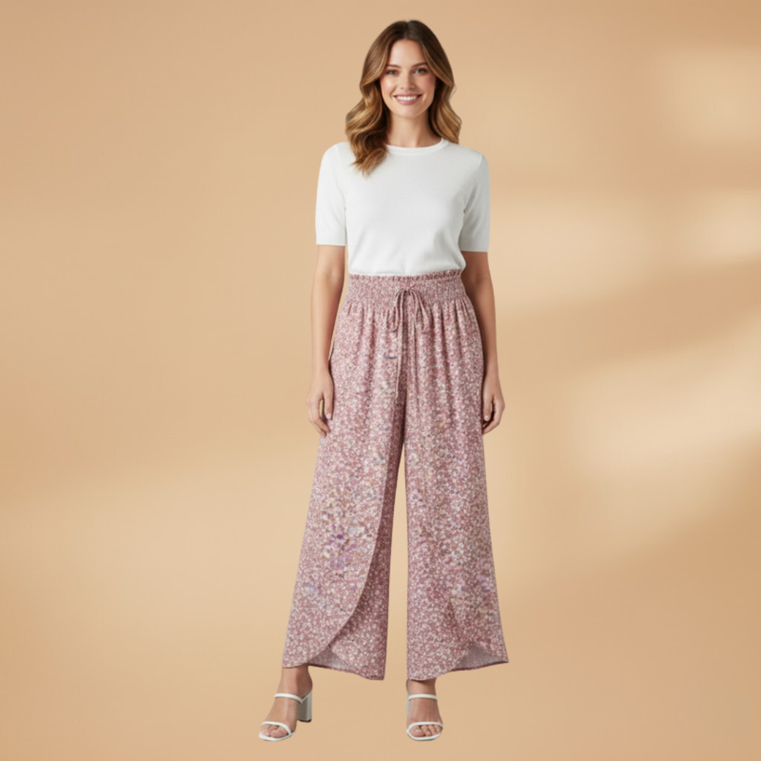 Wide Trousers with Elastic Waistband and Pattern for Women