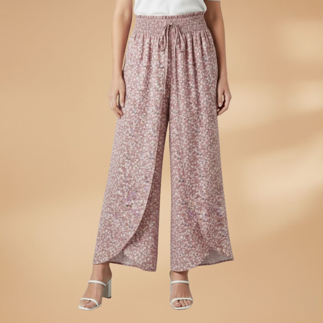 Wide Trousers with Elastic Waistband and Pattern for Women