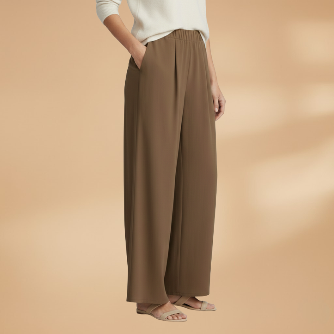 Wide Trousers with Elastic Waistband and Pockets for Women