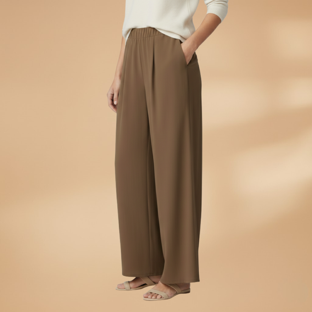 Wide Trousers with Elastic Waistband and Pockets for Women