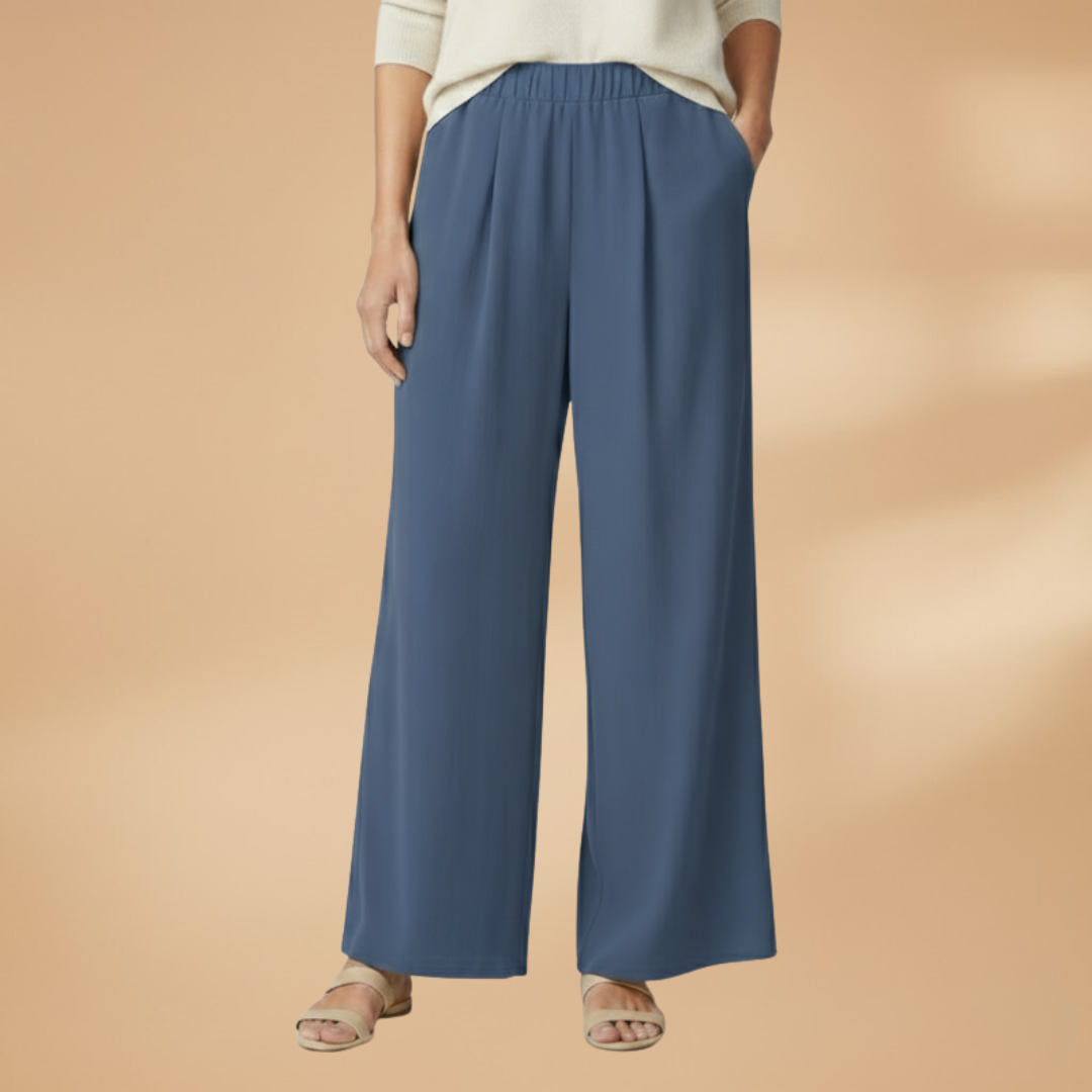 Wide Trousers with Elastic Waistband and Pockets for Women
