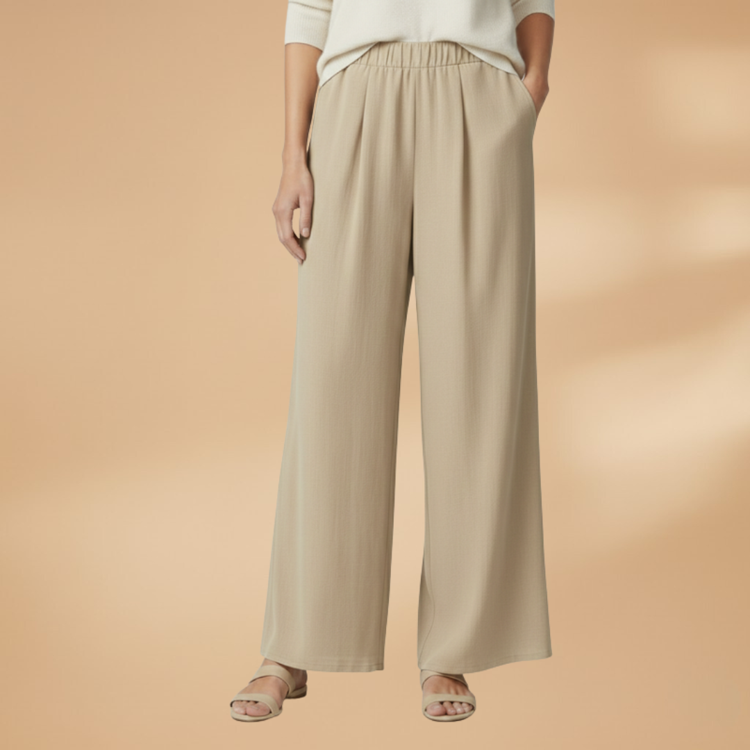 Wide Trousers with Elastic Waistband and Pockets for Women