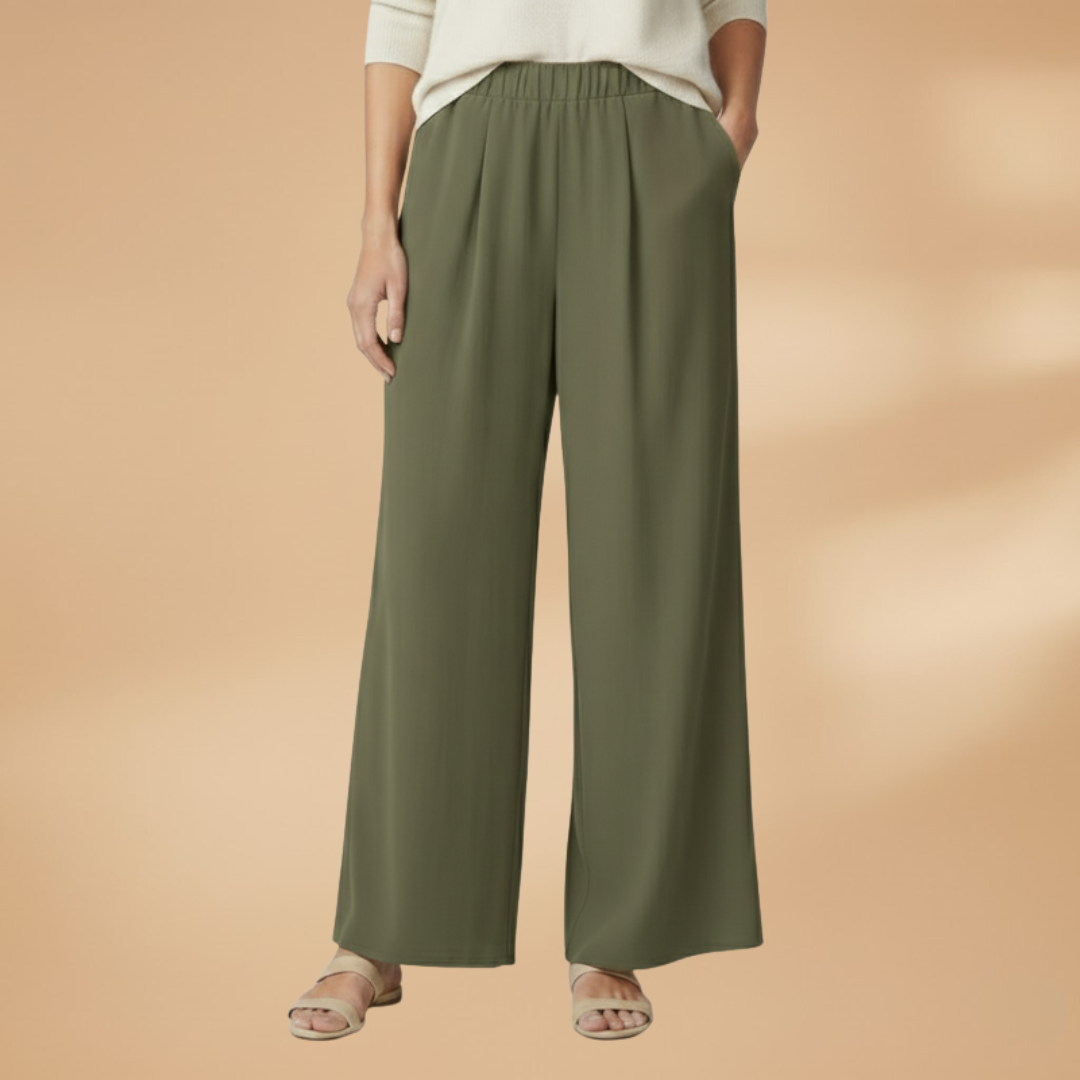 Wide Trousers with Elastic Waistband and Pockets for Women