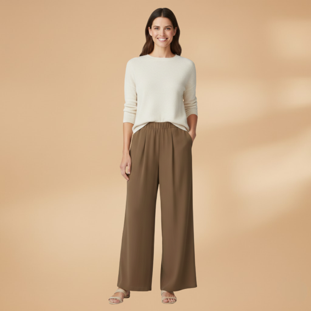 Wide Trousers with Elastic Waistband and Pockets for Women