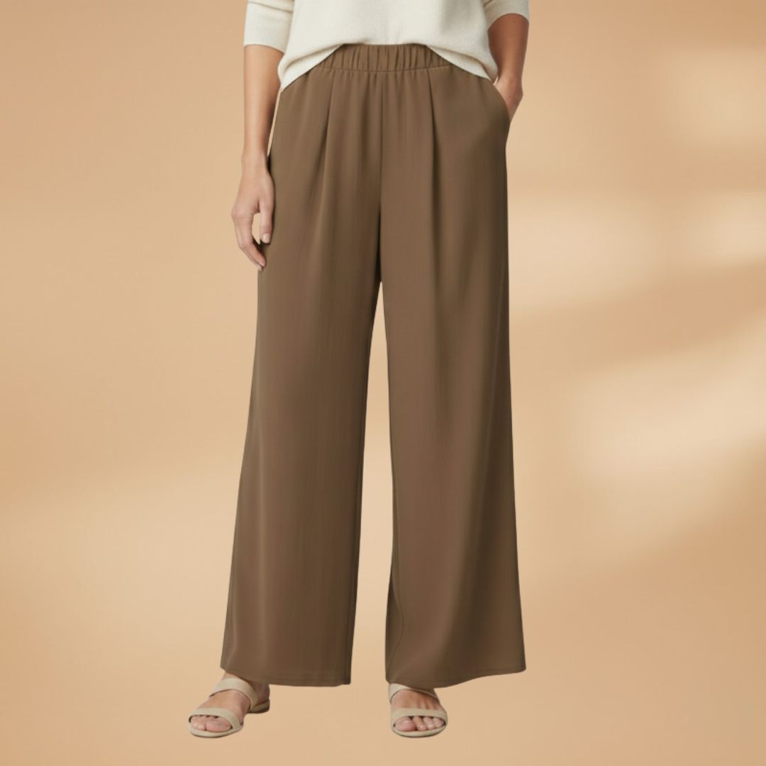 Wide Trousers with Elastic Waistband and Pockets for Women