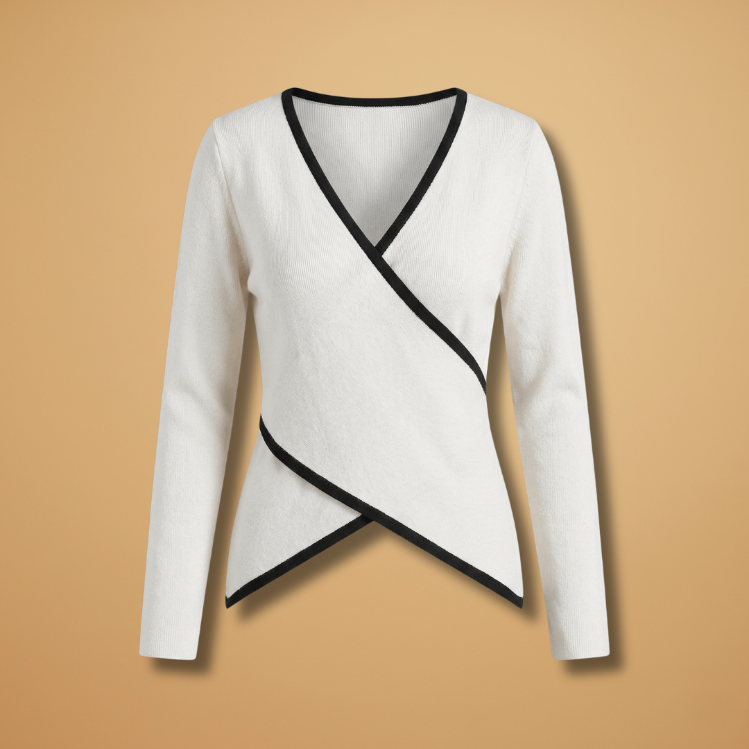 Wrap Knit Top with V-Neck and Contrasting Trim for Women