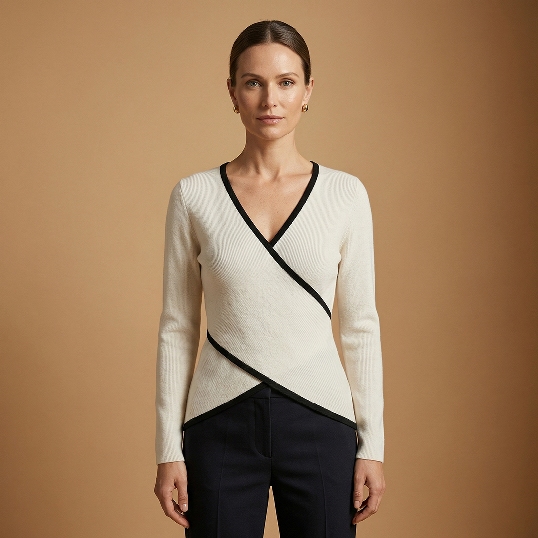 Wrap Knit Top with V-Neck and Contrasting Trim for Women
