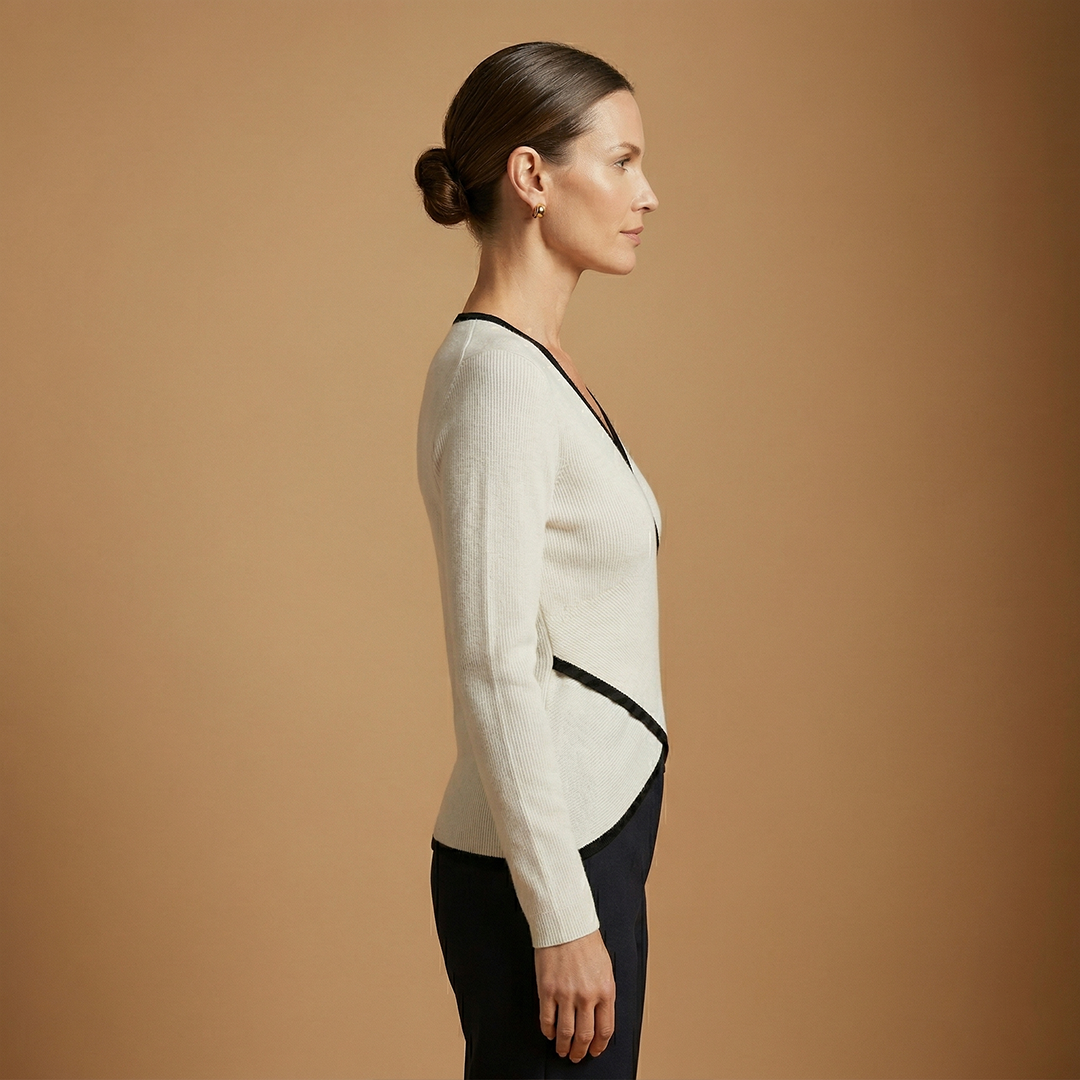 Wrap Knit Top with V-Neck and Contrasting Trim for Women