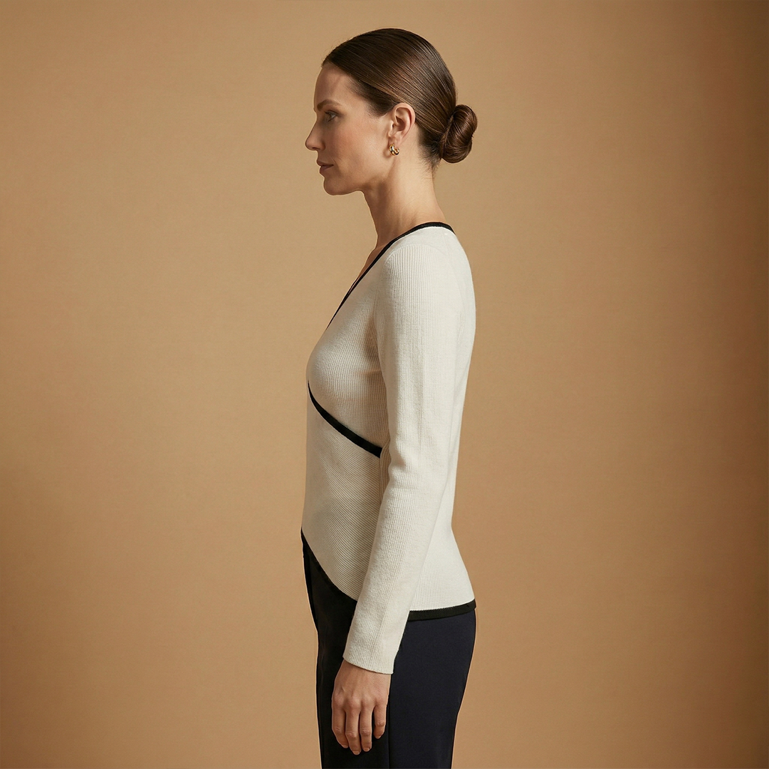 Wrap Knit Top with V-Neck and Contrasting Trim for Women