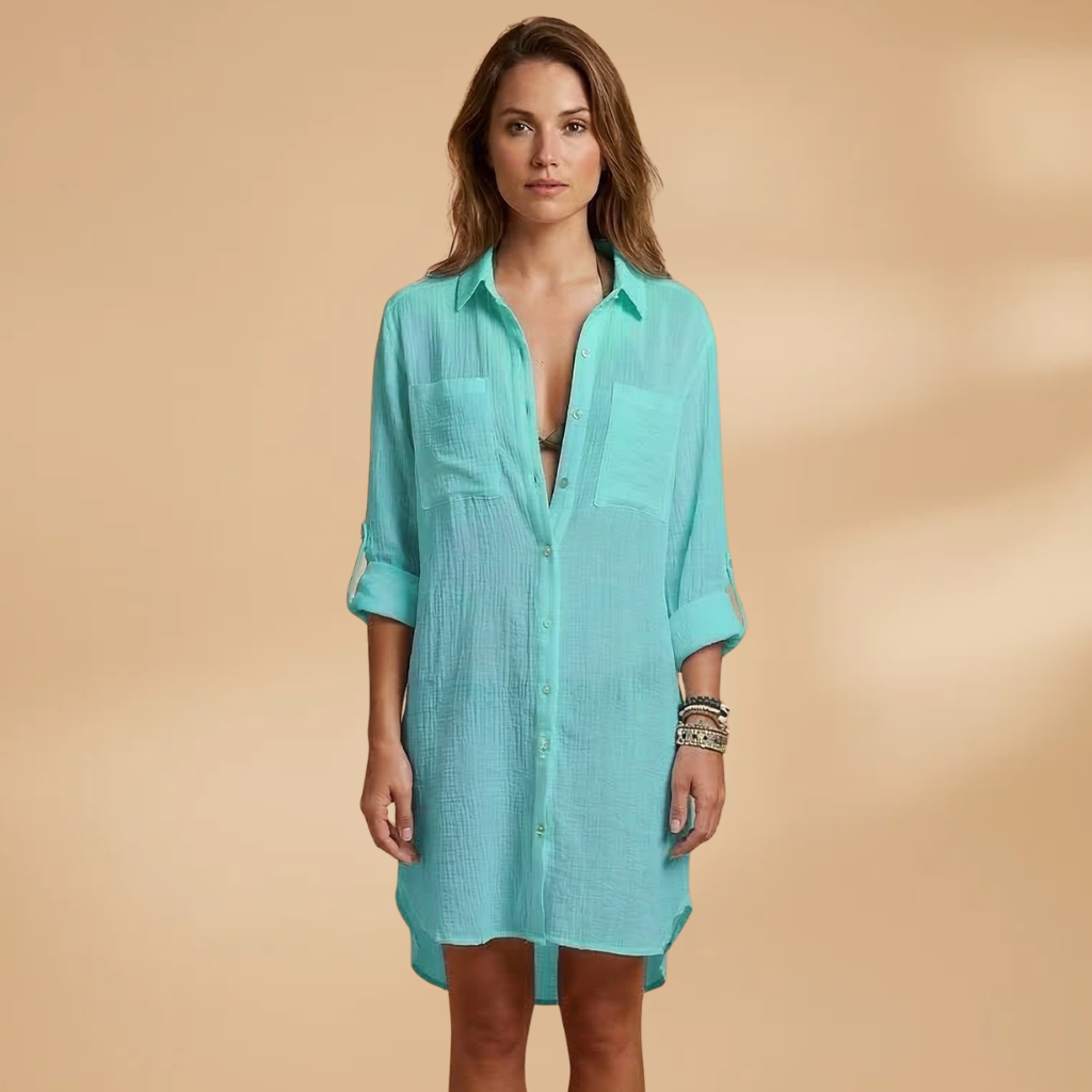 Beach Dress with Collared Neckline and Button Fastening for Women