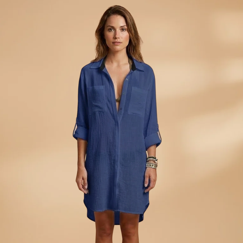 Beach Dress with Collared Neckline and Button Fastening for Women
