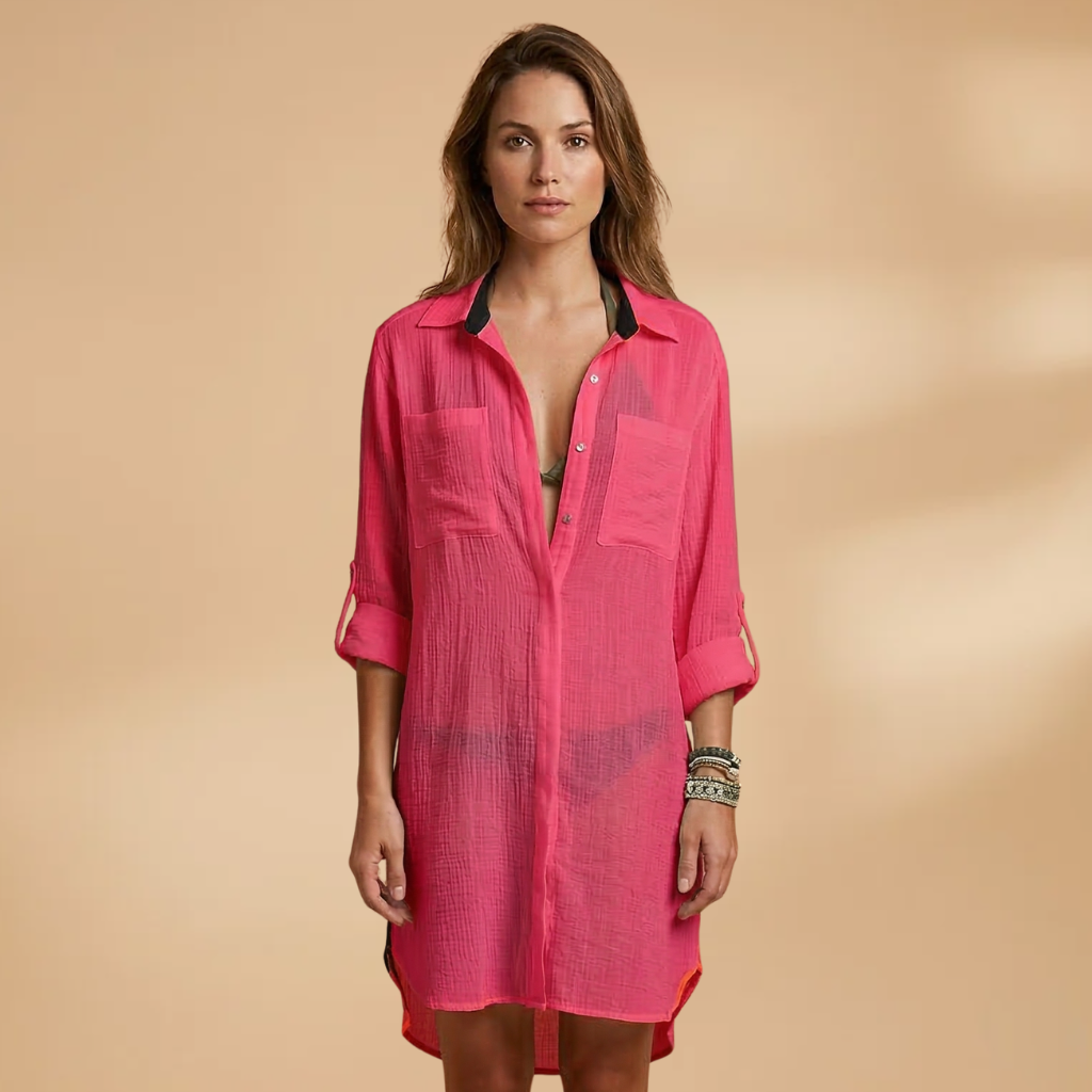 Beach Dress with Collared Neckline and Button Fastening for Women