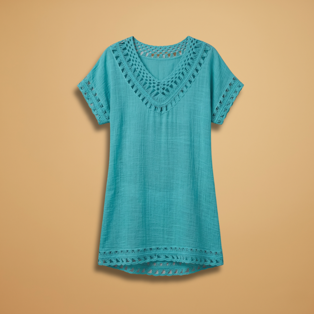 Beach Dress with V-Neck and Crocheted Surface for Women