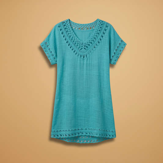 Beach Dress with V-Neck and Crocheted Surface for Women