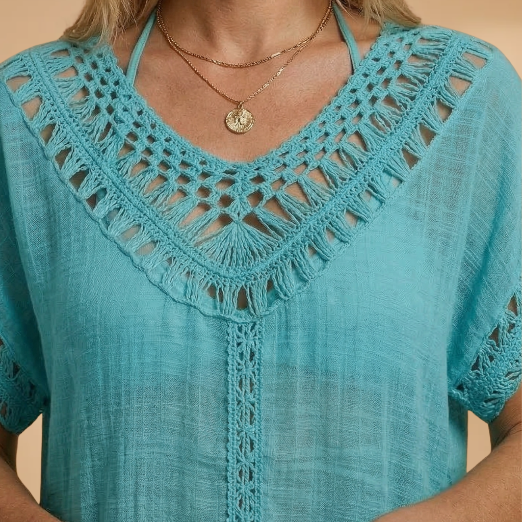 Beach Dress with V-Neck and Crocheted Surface for Women