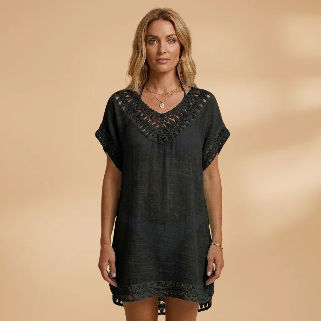 Beach Dress with V-Neck and Crocheted Surface for Women