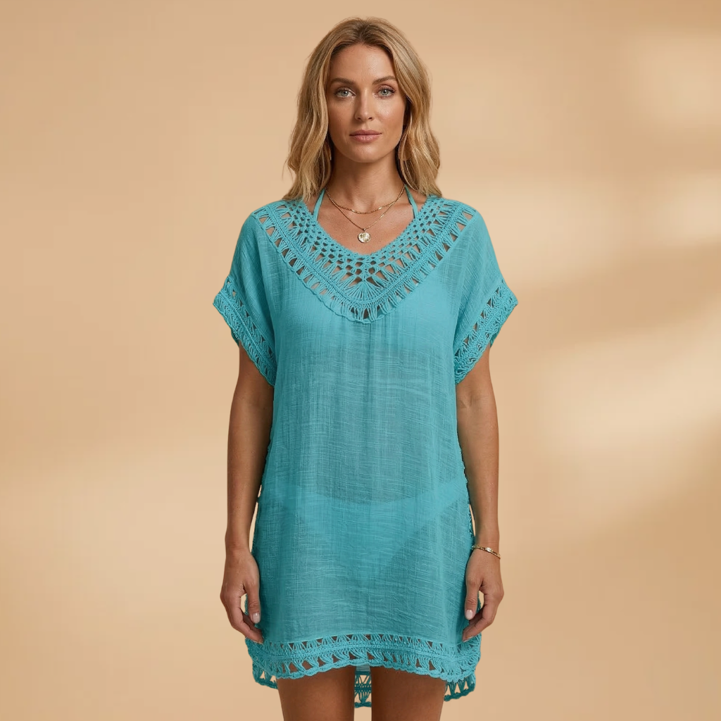 Beach Dress with V-Neck and Crocheted Surface for Women