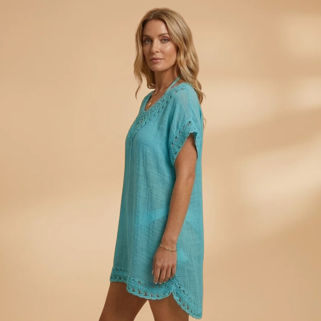 Beach Dress with V-Neck and Crocheted Surface for Women