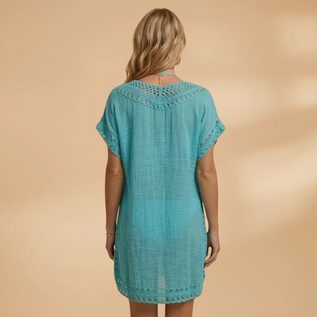 Beach Dress with V-Neck and Crocheted Surface for Women