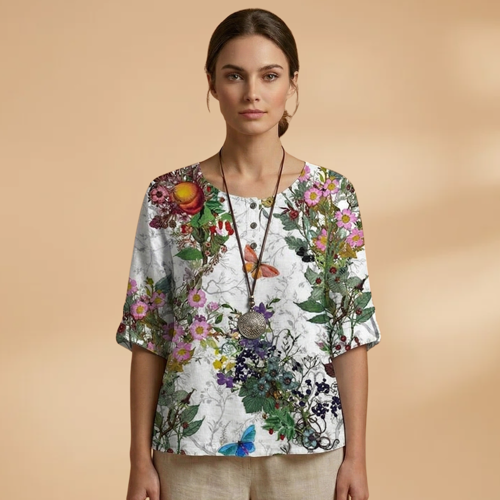 Blouse with Floral Pattern and Relaxed Fit for Women