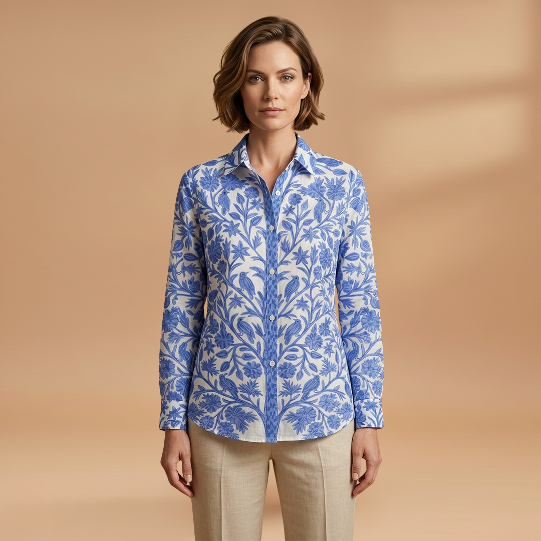 Blouse with Floral and Bird Motif and Lightweight Fabric for Women