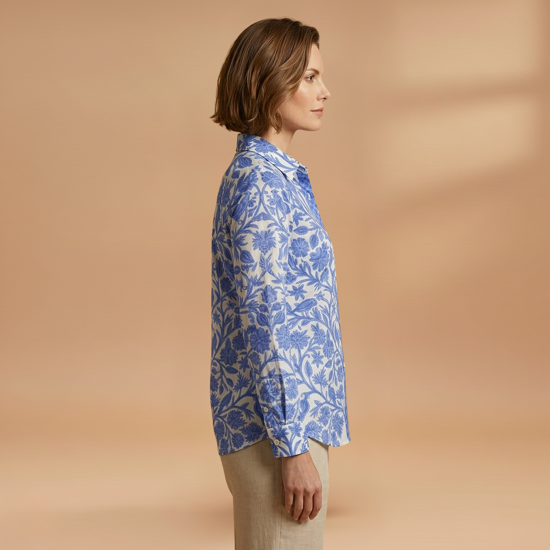 Blouse with Floral and Bird Motif and Lightweight Fabric for Women