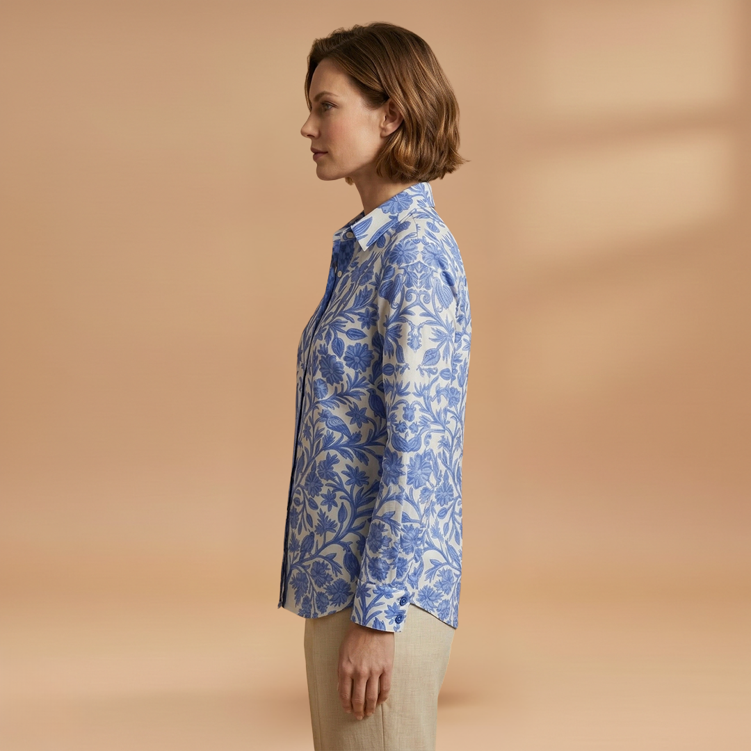 Blouse with Floral and Bird Motif and Lightweight Fabric for Women
