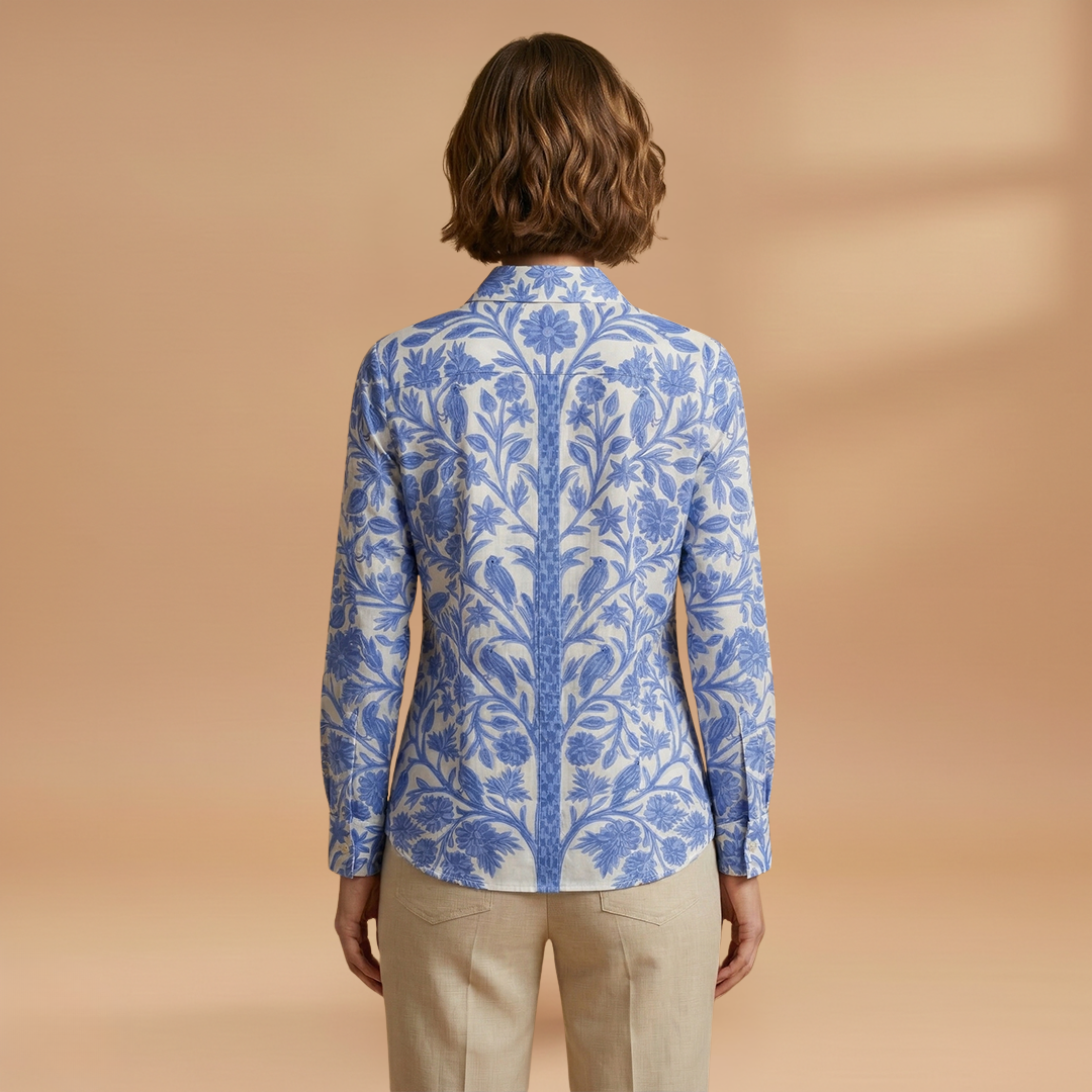 Blouse with Floral and Bird Motif and Lightweight Fabric for Women