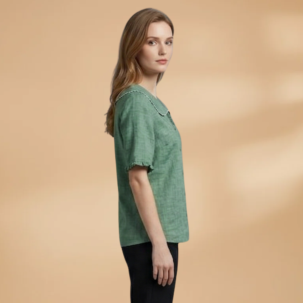 Blouse with Scalloped Collar and Woven Surface for Women