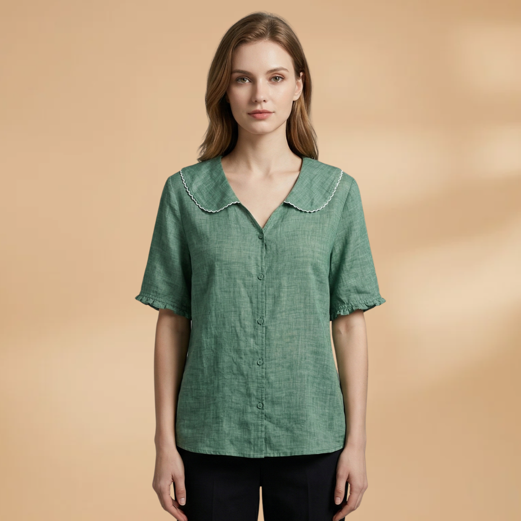 Blouse with Scalloped Collar and Woven Surface for Women