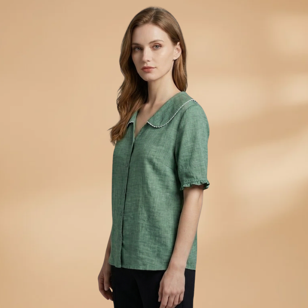 Blouse with Scalloped Collar and Woven Surface for Women