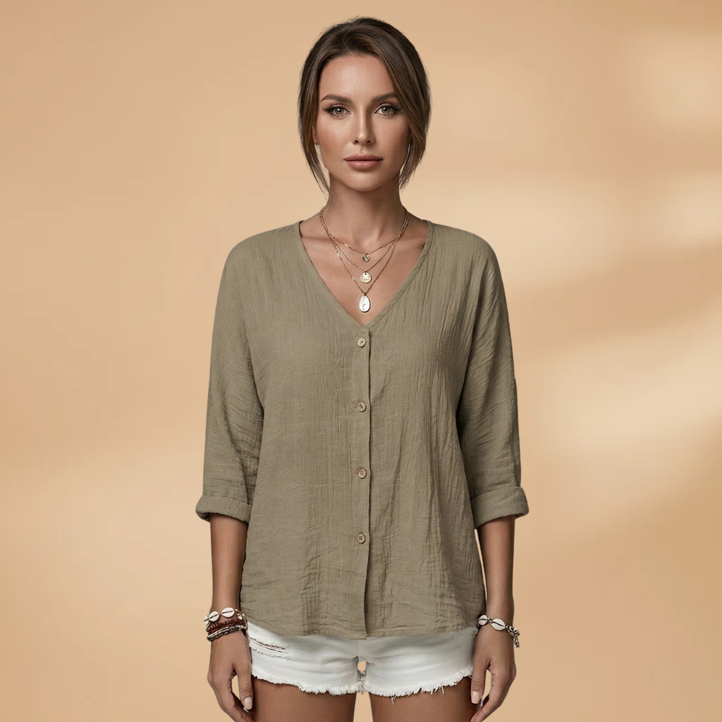 Blouse with V-Neck and Button Front for Women