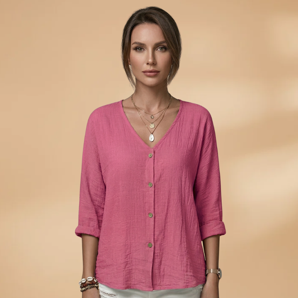 Blouse with V-Neck and Button Front for Women