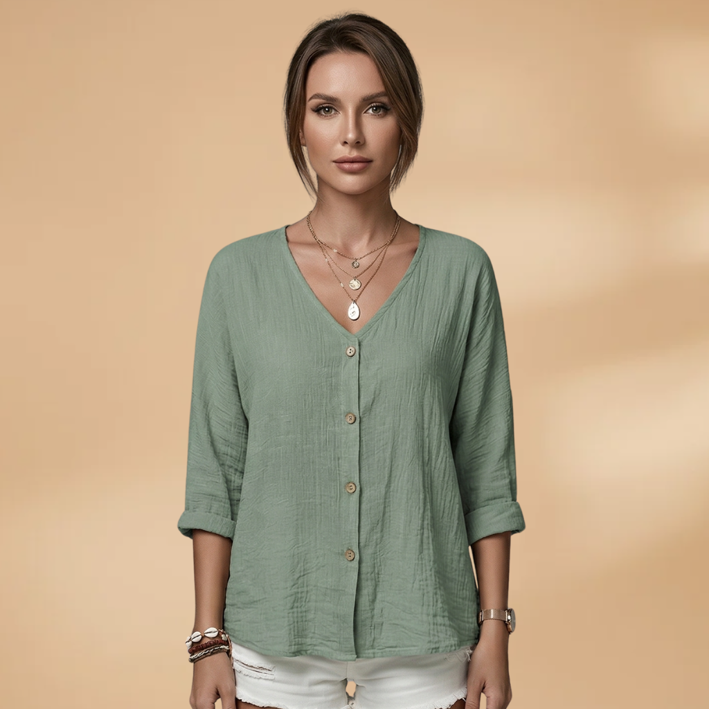 Blouse with V-Neck and Button Front for Women