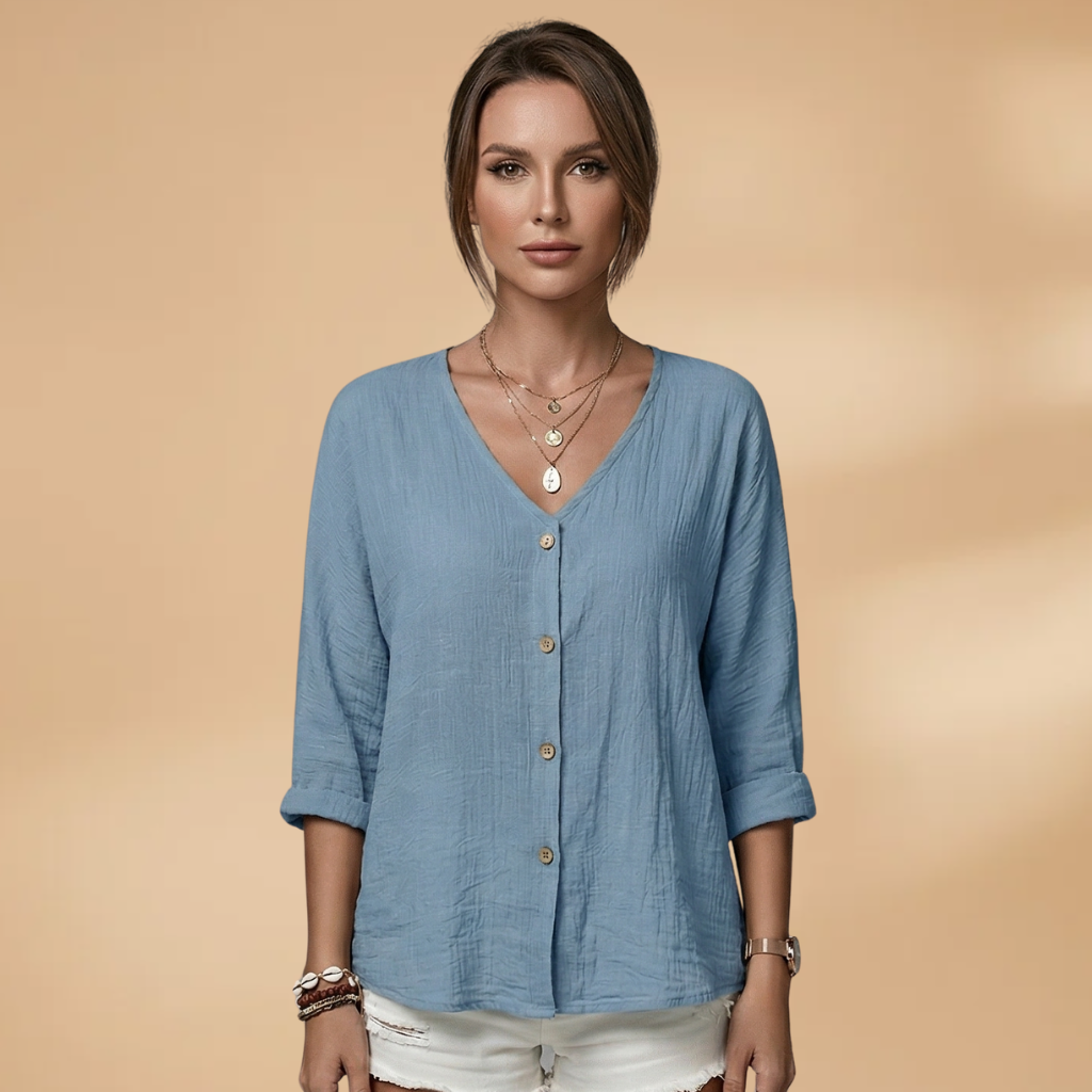 Blouse with V-Neck and Button Front for Women