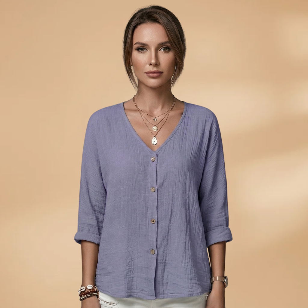 Blouse with V-Neck and Button Front for Women